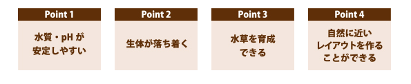 Point1：水質・pHが安定しやすい　Point2：生体が落ち着く　Point3：水草を育成できる　Point4：自然に近いレイアウトを作ることができる