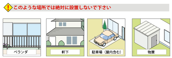 このような場所には絶対に設置しないで下さい：ベランダ・軒下・駐車場（屋内含む）・物置