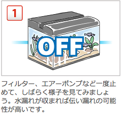 フィルター、エアーポンプなど一度止めて、しばらく様子を見てみましょう。水漏れが収まれば伝い漏れの可能性が高いです。