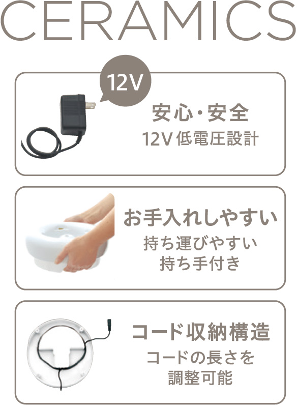 CERAMICS 安心・安全12V低電圧設計　お手入れしやすい持ち運びやすい持ち手付き　コード収納構造　コードの長さを調整可能