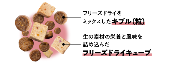 フリーズドライをミックスしたキブル（粒）、生の素材の栄養と風味を詰め込んだフリーズドライキューブ