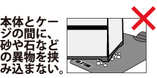 本体とケージの間に、砂や石などの異物を挟み込まない。