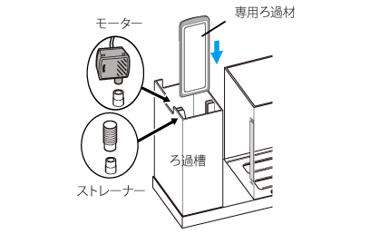 モーター、ストレーナー、専用ろ過材をろ過槽にはめる様子