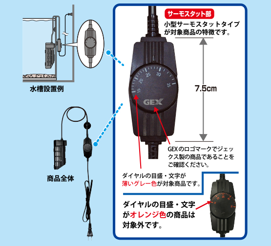 サーモスタット部　小型サーモスタットタイプが対象商品の特徴です。GEXのロゴマークでジェックス製の商品であることをご確認ください。ダイヤルの目盛・文字が薄いグレー色が対象商品です。ダイヤルの目盛・文字がオレンジ色の商品は対象外です。