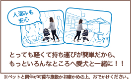 とっても軽くて持ち運びが簡単だから、もっといろんなところへ愛犬と一緒に！！※ペットと同伴が可能な施設かお確かめの上、おでかけください。