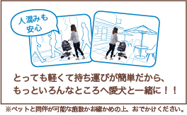 とっても軽くて持ち運びが簡単だから、もっといろんなところへ愛犬と一緒に！！※ペットと同伴が可能な施設かお確かめの上、おでかけください。