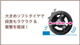 大きめソフトタイヤで段差もラクラク＆衝撃を軽減！