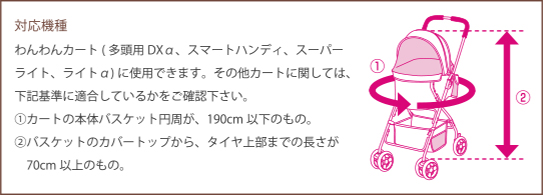 適応機種　わんわんカート(多頭用DXα、スマートハンディ、スーパーライト、ライトα)に使用できます。その他カートに関しては、下記基準に適合しているかをご確認下さい。①カートの本体バスケットの円周が、190cm以下のもの。 ②バスケットのカバートップから、タイヤ上部までの長さが70cm以上のもの。